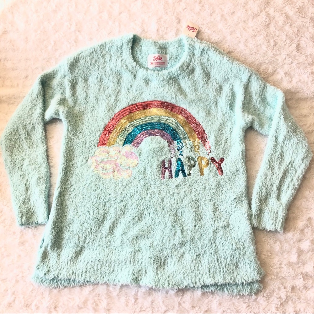 Justice Girls Sparkly Fuzzy Aqua Blue Sweater NEW Size 20